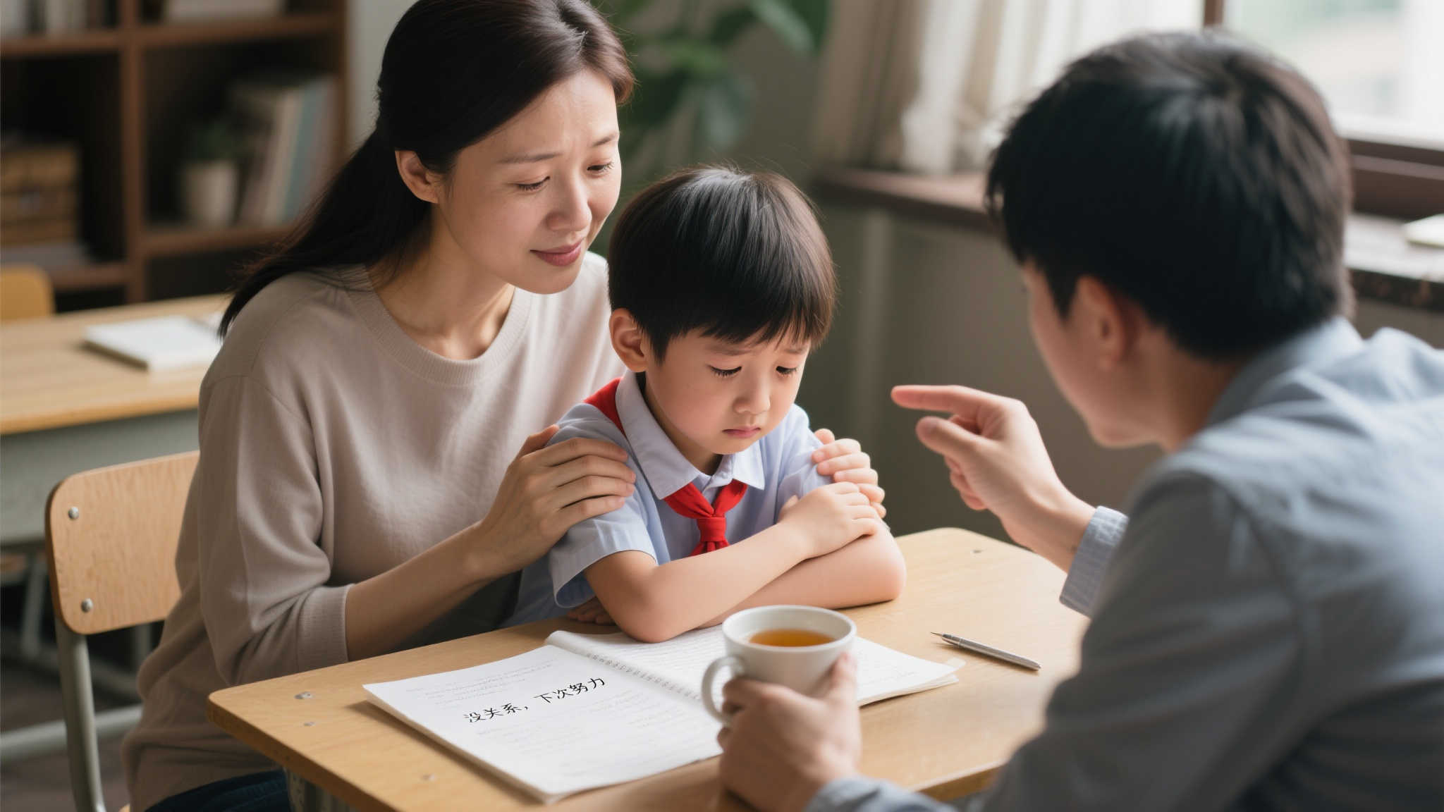 例如，当一个小学年龄段的小孩因考试成绩不